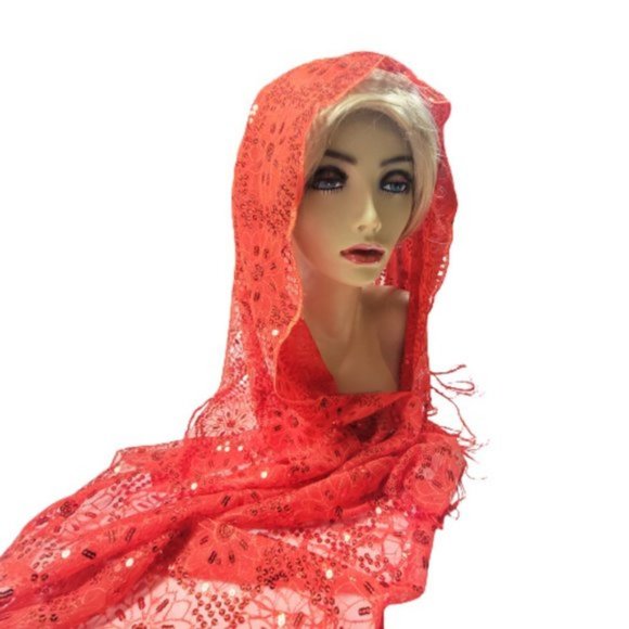 Red Sequin Evening Wedding Formal Scarf with Tassels - NEW - Picture 2 of 7